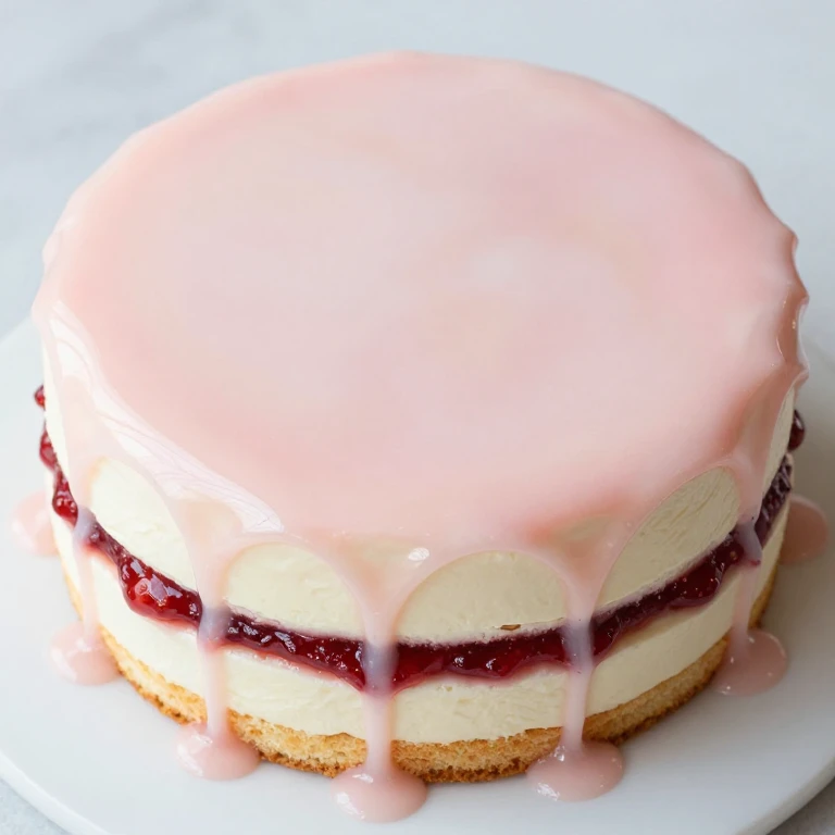 Mirror glaze strawberry cake with glossy cascading white and pink glaze