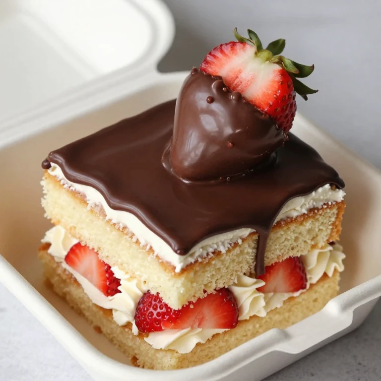 Chocolate-dipped strawberry bento with vanilla cake, whipped cream, dark chocolate drip