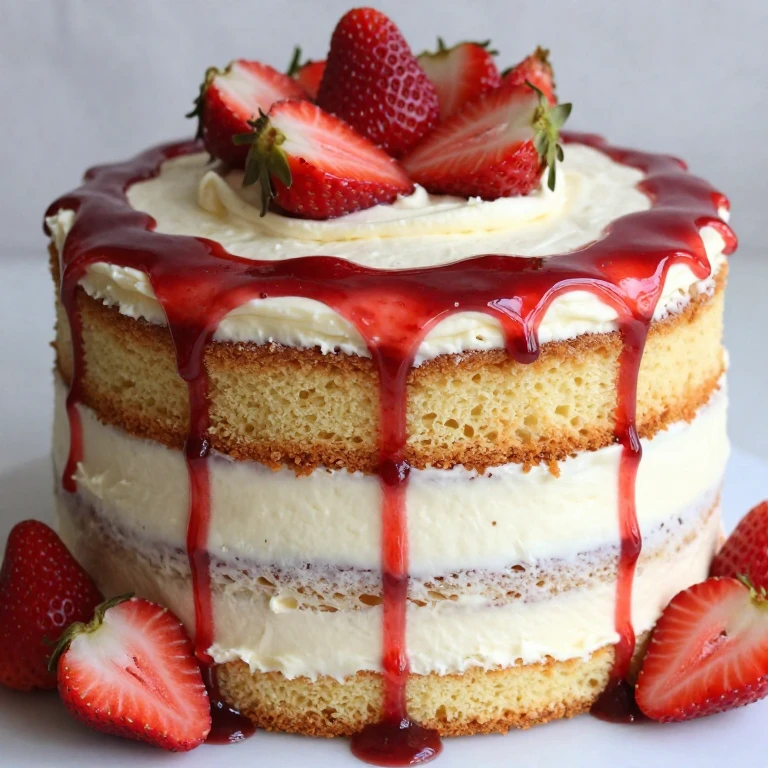 Semi-naked strawberry cake with exposed crumb and red coulis drip
