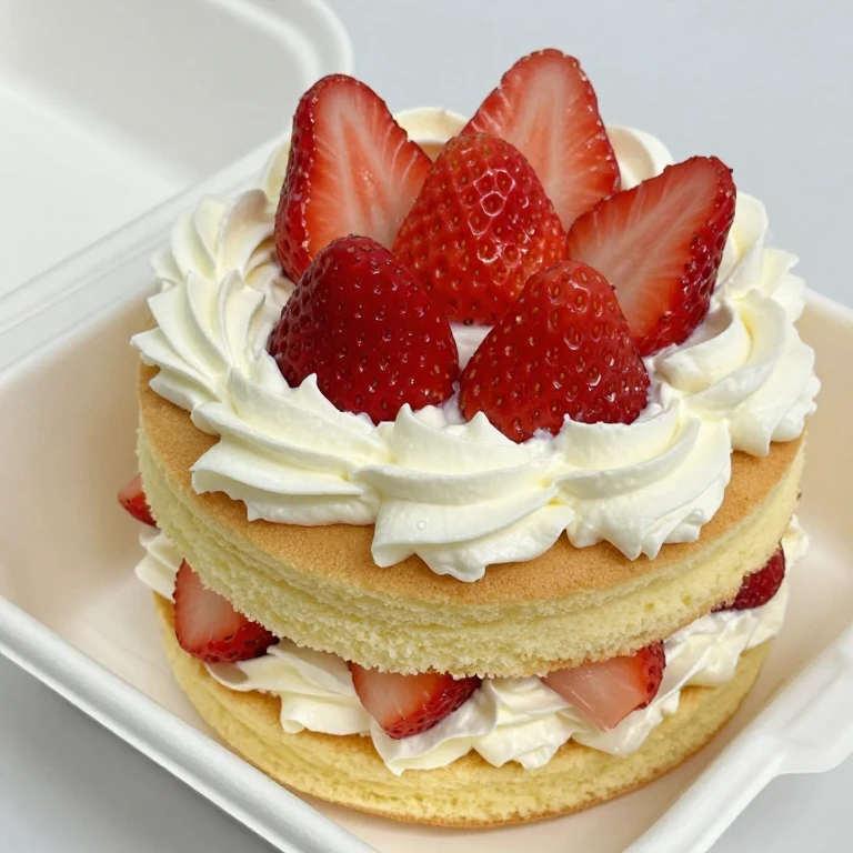 Layered strawberry shortcake bento with vanilla cake, whipped cream, fresh strawberries