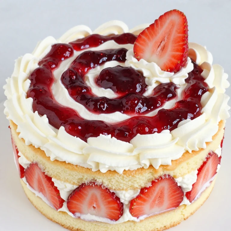Strawberry jam swirl bento with vanilla cake, whipped cream, and fresh strawberries