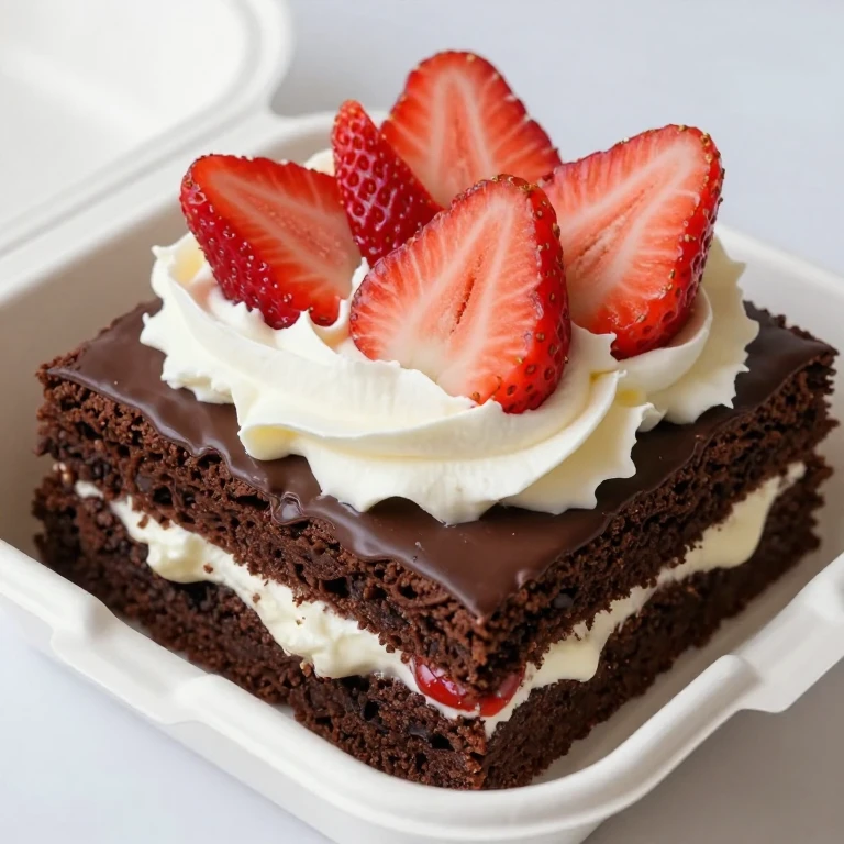 Brownie base strawberry bento with dark chocolate, whipped cream, and fresh strawberries