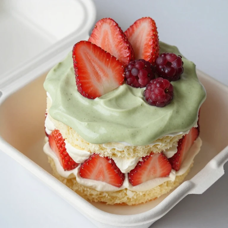 Matcha white chocolate strawberry bento with pale green ganache and fresh berries
