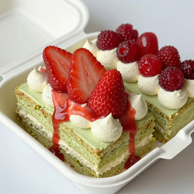 Pistachio cream bento with strawberry drip, pale green cake, creamy filling, red berries