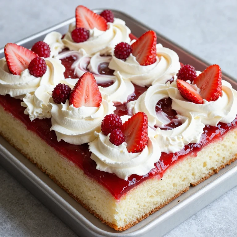 rectangular sheet cake with jam swirl, whipped cream, and fresh strawberries
