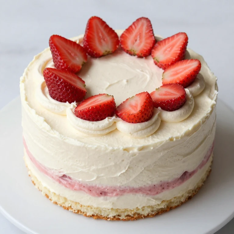 round vanilla cake with pink strawberry curd mascarpone frosting and berry garnish