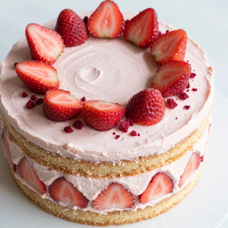 two-layer cake with pink cream cheese frosting, fresh strawberries, and freeze-dried berries