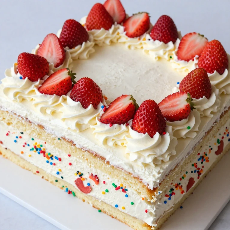 festive sheet cake with rainbow sprinkles, whipped cream frosting, and strawberries