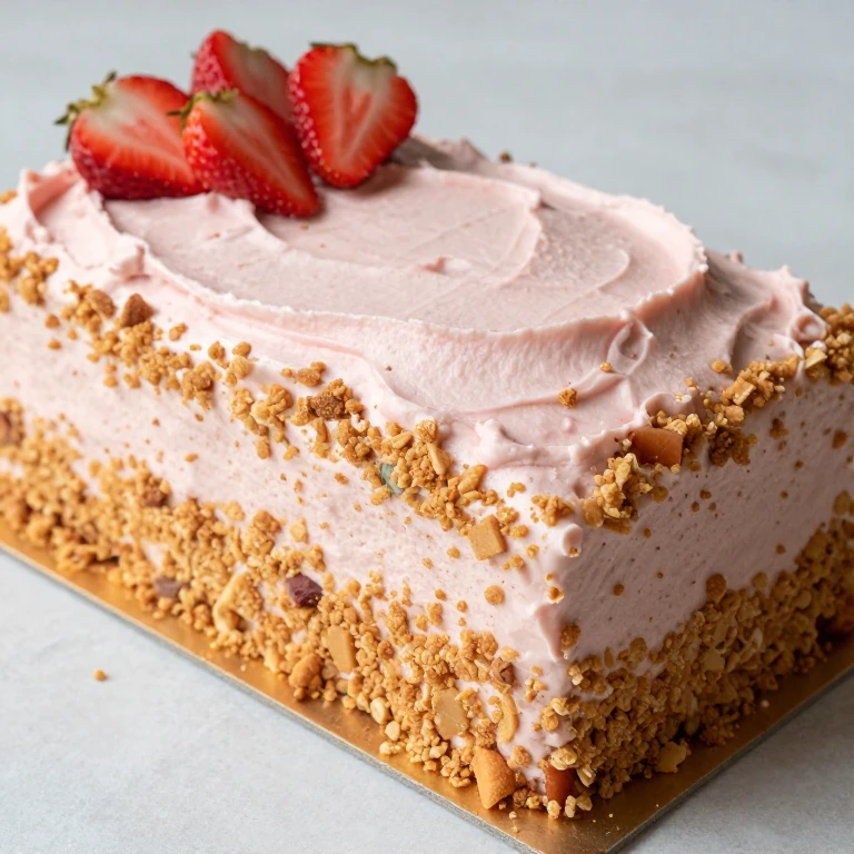 sheet cake with pink strawberry buttercream, cookie crumb sides, and fresh strawberries