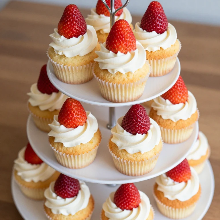 tiered cupcake tower with whipped cream and strawberry on each cupcake