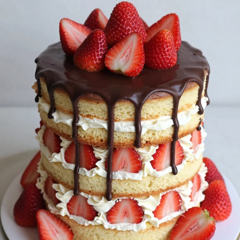 three-layer tall cake with chocolate drip, whipped cream, and fresh strawberries