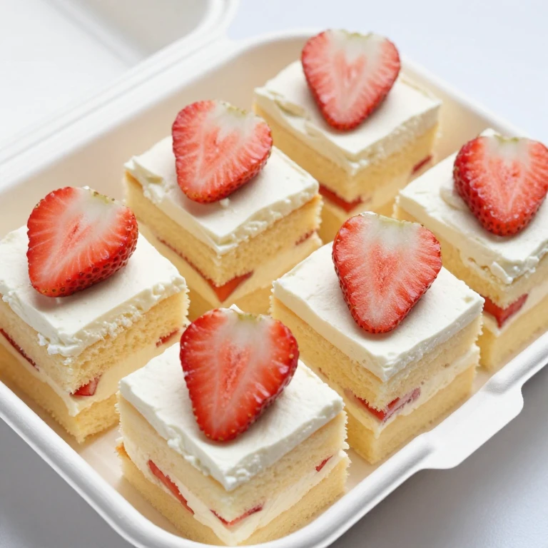 stacked cake squares with whipped cream and strawberries in bento box