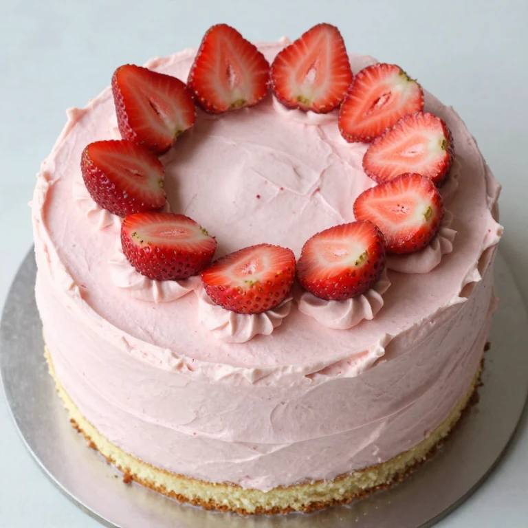 two-layer vanilla cake with pink strawberry frosting and fresh berry garnish