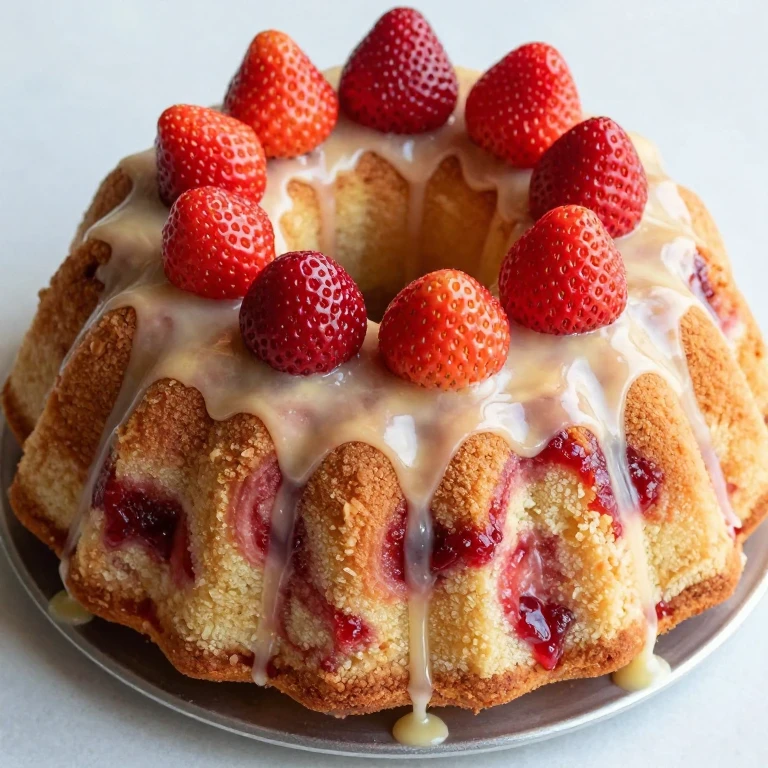 ring-shaped bundt cake with jam swirl, lemon glaze, and fresh strawberries