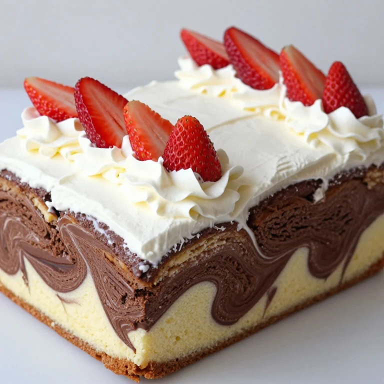 marbled chocolate-vanilla cake with whipped cream and fresh strawberry toppings