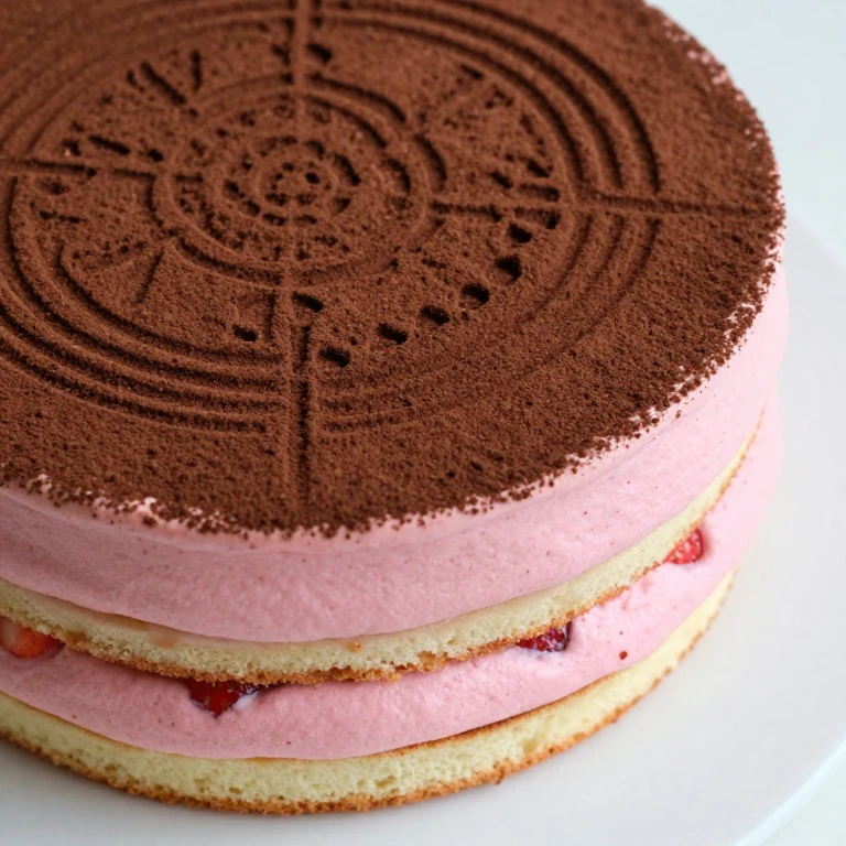 Layered strawberry cake with cocoa powder stencil pattern on top