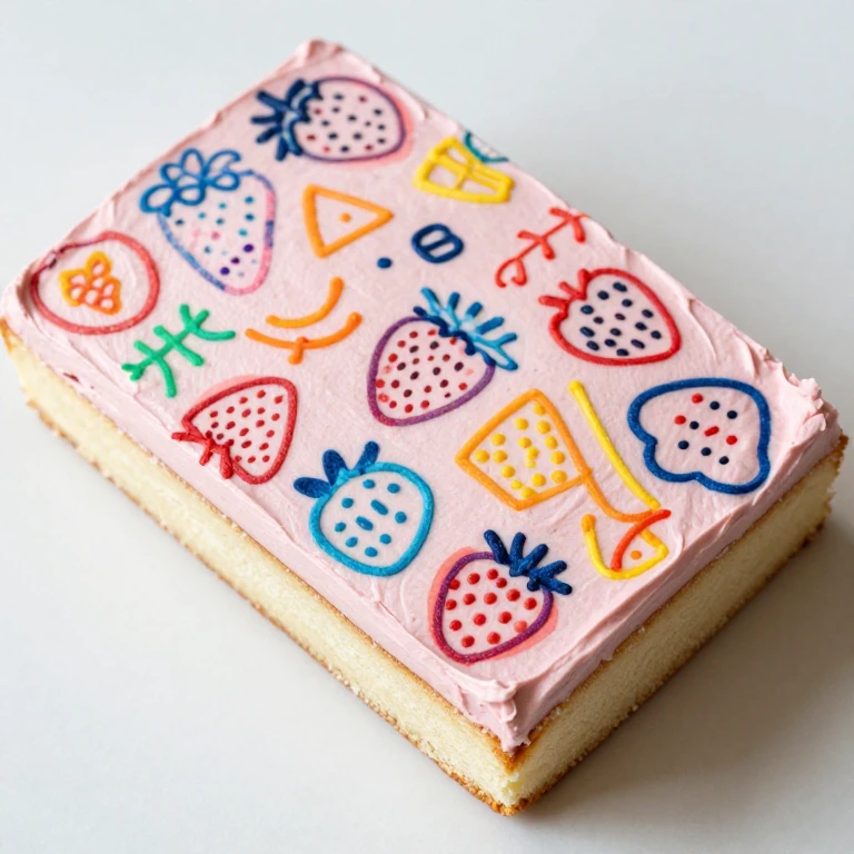 Sheet cake with colorful edible marker doodles on pink frosting