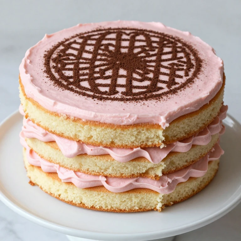 Multi-layer strawberry cake with cocoa stencil pattern on top