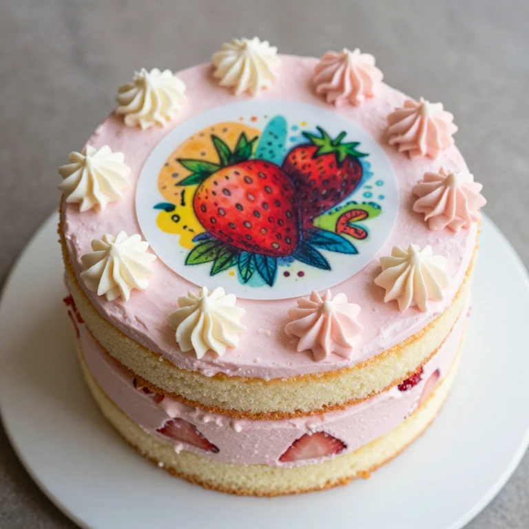 Strawberry cake with printed edible frosting sheet and white piped accents