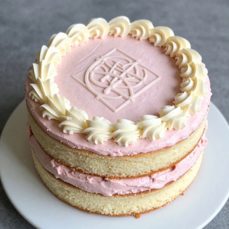Three-layer strawberry cake topped with white buttercream transfer