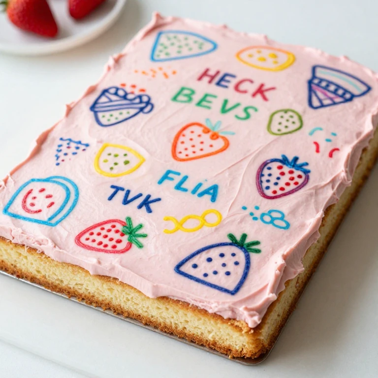 Sheet cake decorated with colorful edible markers on pink frosting