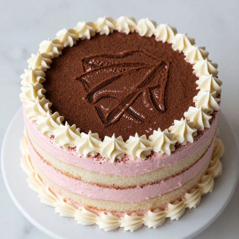 Strawberry cake with cocoa stencil pattern and white piped border