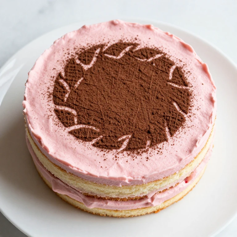 Individual strawberry cake with cocoa powder stencil pattern
