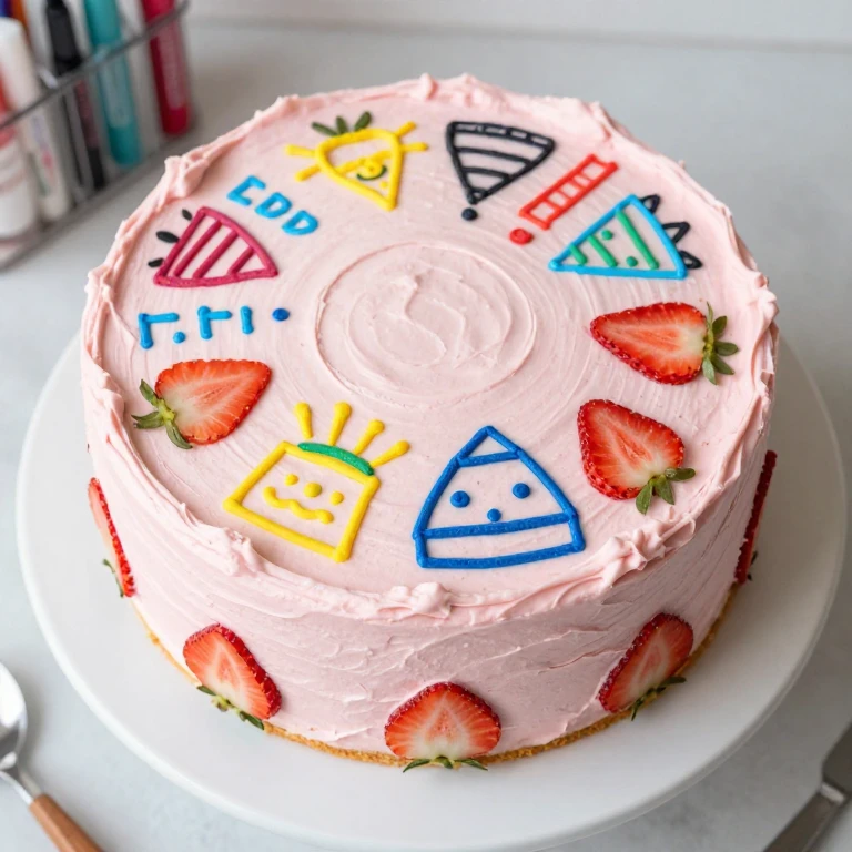 Round strawberry cake decorated with colorful edible marker drawings