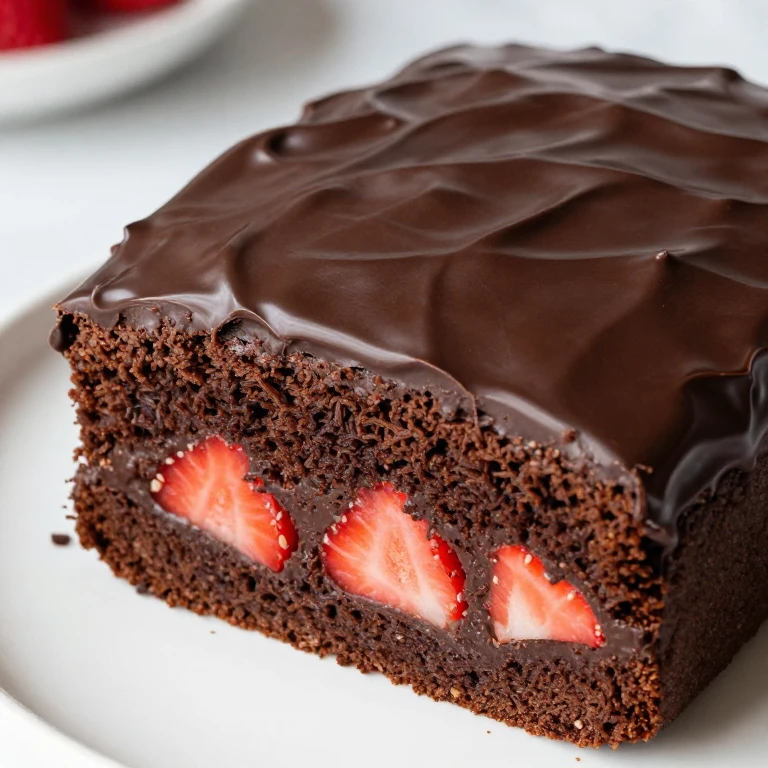 Strawberry-chocolate snack cake with glossy chocolate glaze and embedded berries