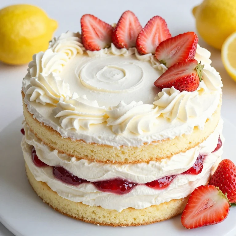 Two-layer strawberry-lemon cake with whipped cream frosting and fresh strawberries