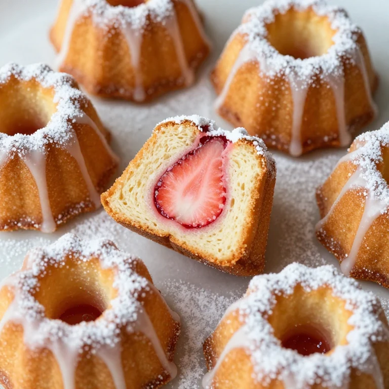 Strawberry mini Bundt cakes with pink swirl and powdered sugar glaze
