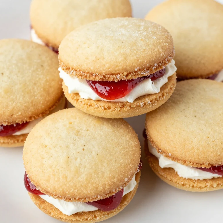 Strawberry shortbread cookie sandwiches with jam and whipped cream filling