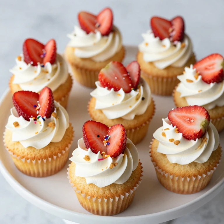 Strawberry shortcake cupcakes with whipped cream, berries, and sprinkles topping
