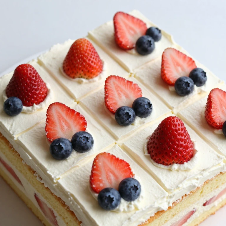 Strawberry and blueberry tic-tac-toe grid cake with whipped cream frosting