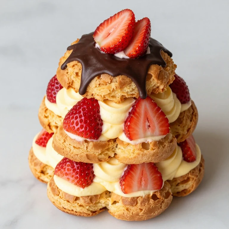 Strawberry cream puff tower with pastry cream filling and chocolate drizzle