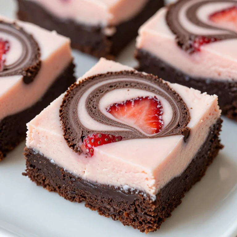 Strawberry cheesecake swirl brownies with pink and chocolate marbled pattern