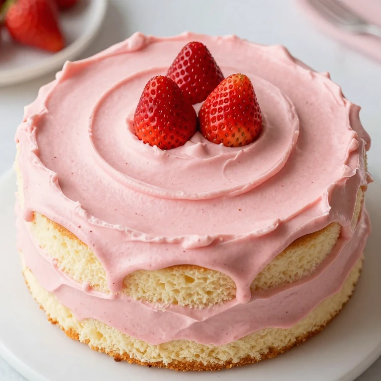 Strawberry lemonade cake with pink buttercream frosting and fresh strawberry garnish