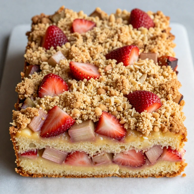 Strawberry rhubarb snack cake with golden buttery crumb topping and fruit filling