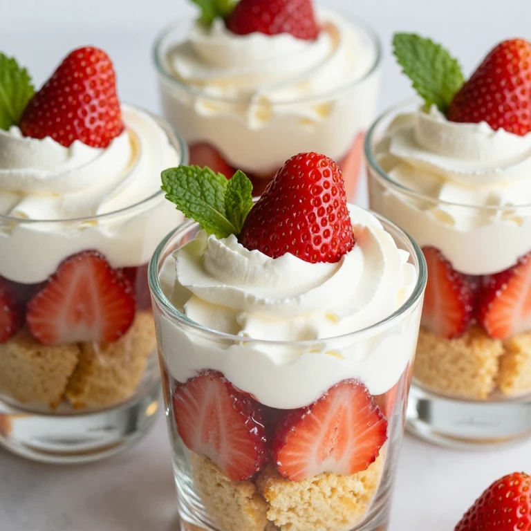 Strawberry shortcake parfaits in glass with layered cake, berries, and whipped cream