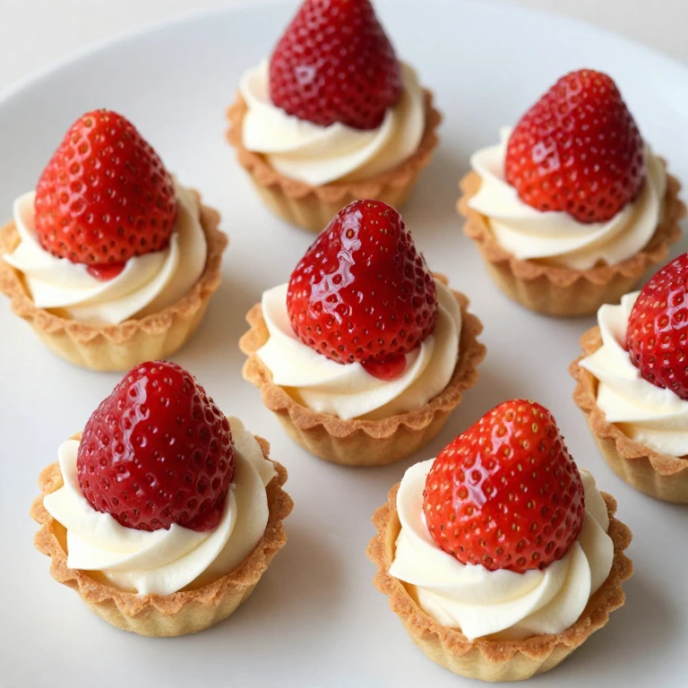 Golden crispy tuile tartlets filled with whipped cream and fresh strawberries with jam glaze