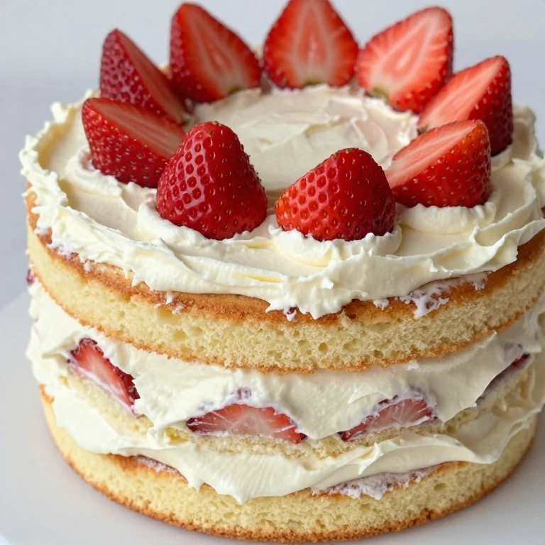 Two-layer strawberry cake with cream cheese frosting, exposed cake sides, topped with fresh strawberry halves