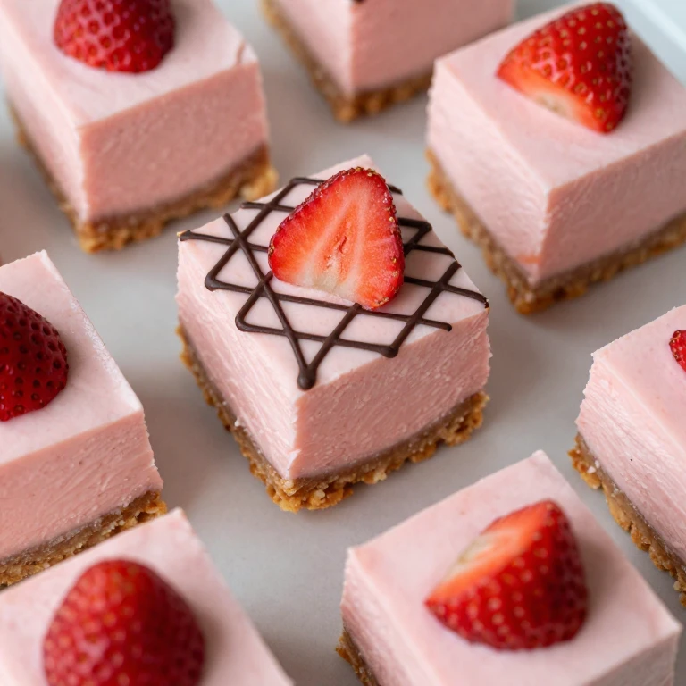 Square strawberry cheesecake bites with chocolate line-art patterns and fresh strawberry topping