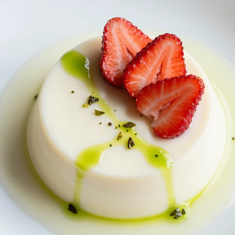 Silky panna cotta topped with fresh strawberry slices, green basil oil drizzle, and candied basil