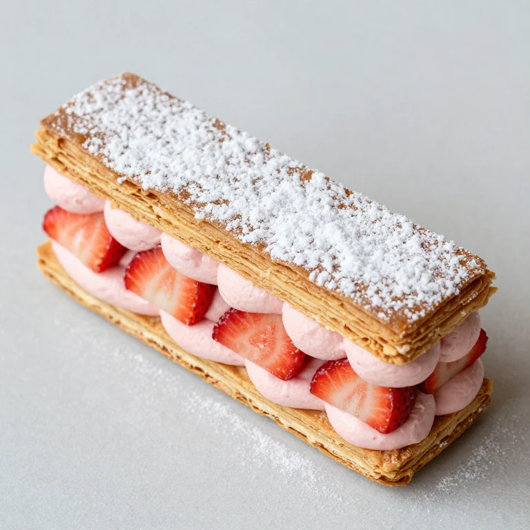 Mille-feuille with crispy puff pastry, strawberry pastry cream, and sliced berries, powdered sugar dusted