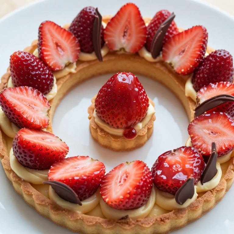 Golden tartlets with pastry cream, strawberry halves in concentric circles, glossy jam glaze, chocolate accents