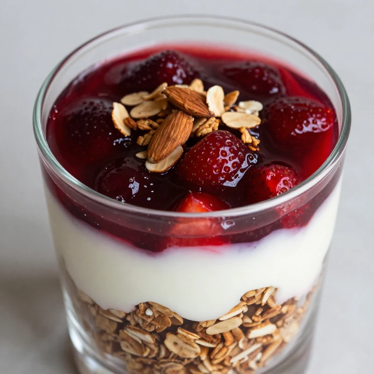 Layered parfait glass with strawberry compote, yogurt, and crispy granola clusters visible