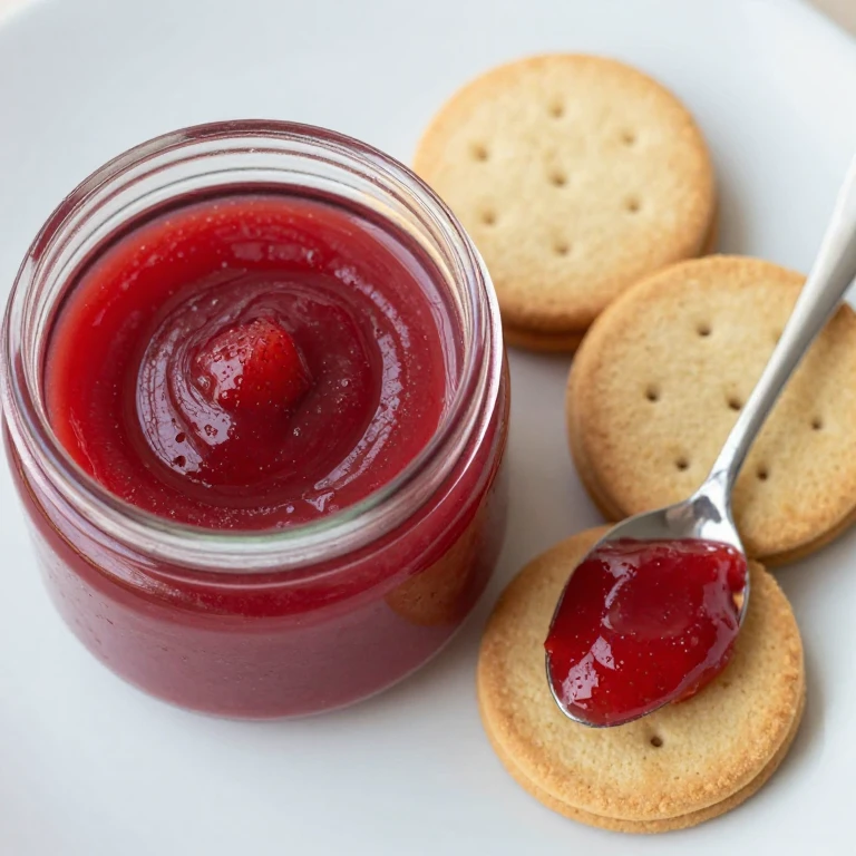 Glossy strawberry curd served with pale golden shortbread cookies, curd spooned on top