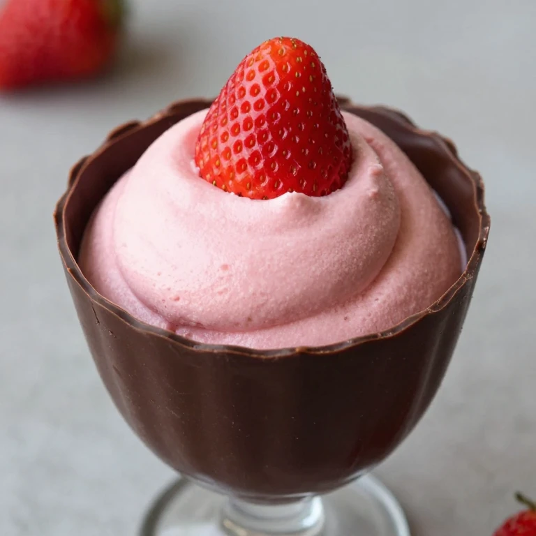 Elegant mousse cup with dark chocolate shell, light pink strawberry mousse, fresh berry garnish