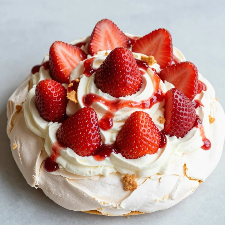 Crispy meringue pavlova topped with whipped cream, fresh strawberries, and warm jam drizzle