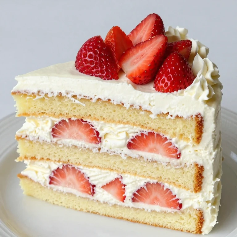 Stacked strawberry cake layers with cream cheese frosting and fresh strawberry topping